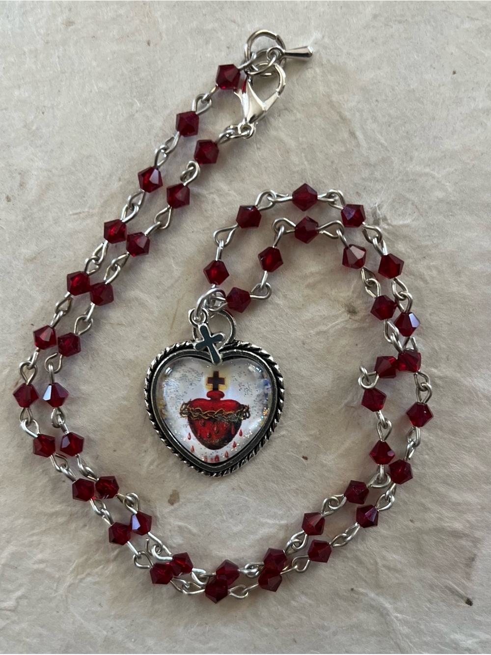 Sacred Heart Heart Necklace w Austrian Crystal Beads